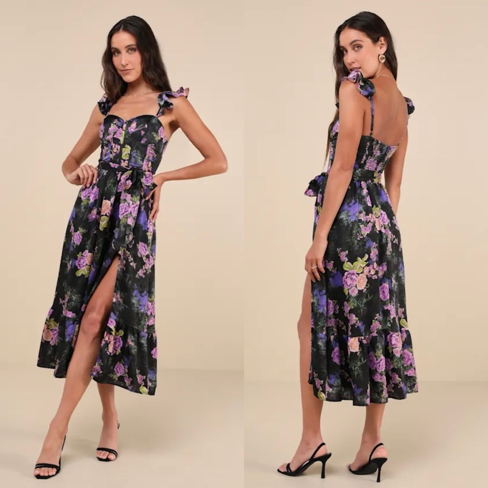 Lulus Sweet Like Sangria Black Floral Ruffled Bustier Midi Dress